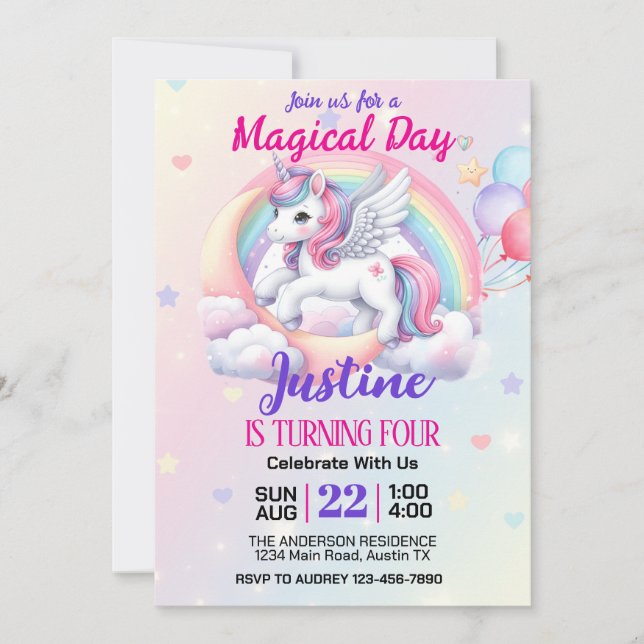 Invitación Fantasía Magnífica fiesta de cumpleaños de Unicorn (Anverso)