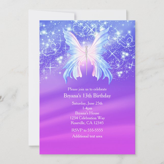 Invitación Fantasía Mariposa Fiesta de espuma rosa y morada (Anverso)