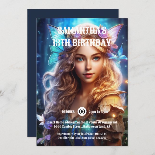 Invitación Fantasía mariposa princesa chicas de pelo marrón f (Anverso / Reverso)