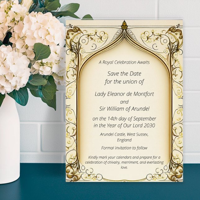 Invitación Fantasía Medieval Arqueada Salvar La Fecha (Medieval Fantasy Arched Save The Date Invitation)