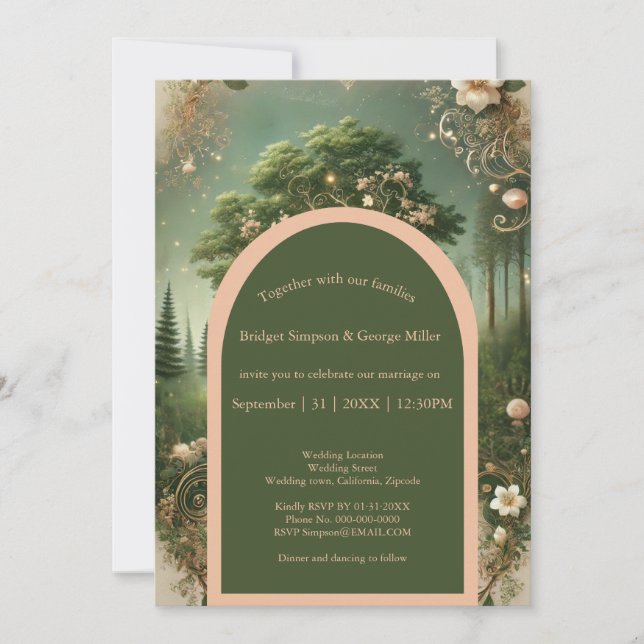 Invitación Fantasía mística medieval grabando Boda forestal (Anverso)