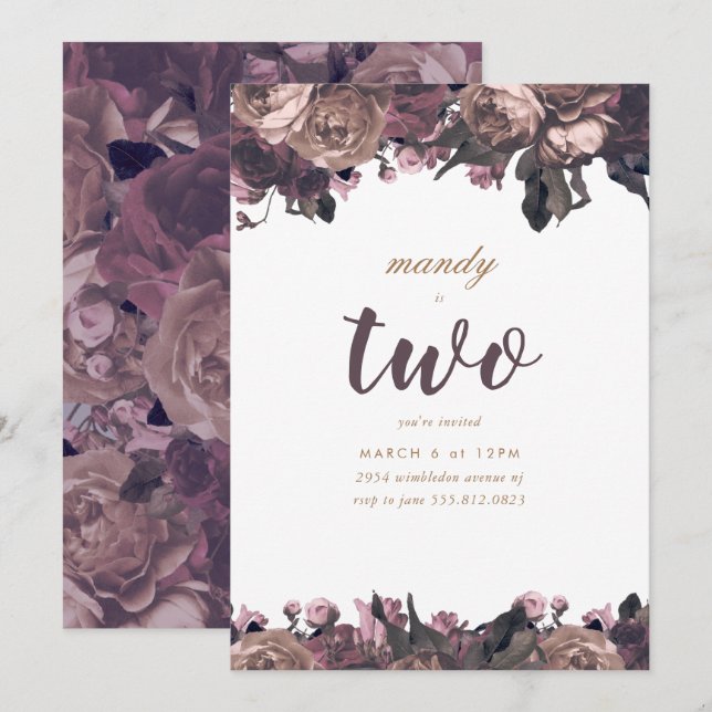 Invitación Fantasía Purple Floral Chica Cumpleaños (Anverso / Reverso)