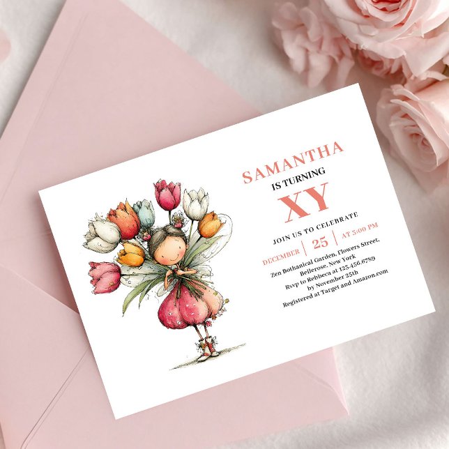 Invitación fantasía rosa para el cuarto cumpleaños (Fairy Girl 4th Birthday Whimsy Pink invitation)