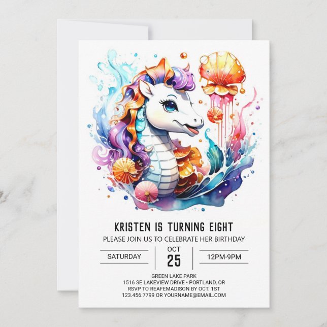 Invitación Fantasía Subacuática Caballo de mar Splash Cumplea (Anverso)