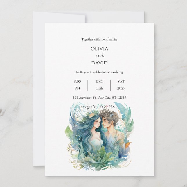 Invitación Fantasía submarina Pareja de Sirena de Playa Boda (Anverso)