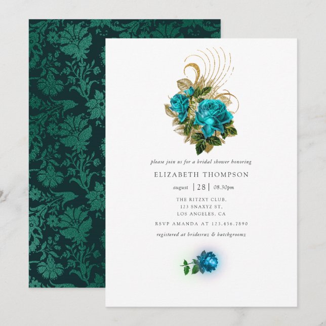 Invitación Fantasía Turquesa y Ducha de Novias de Oro (Anverso / Reverso)