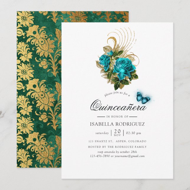 Invitación Fantasía Turquesa y Quinceañera de Oro (Anverso / Reverso)