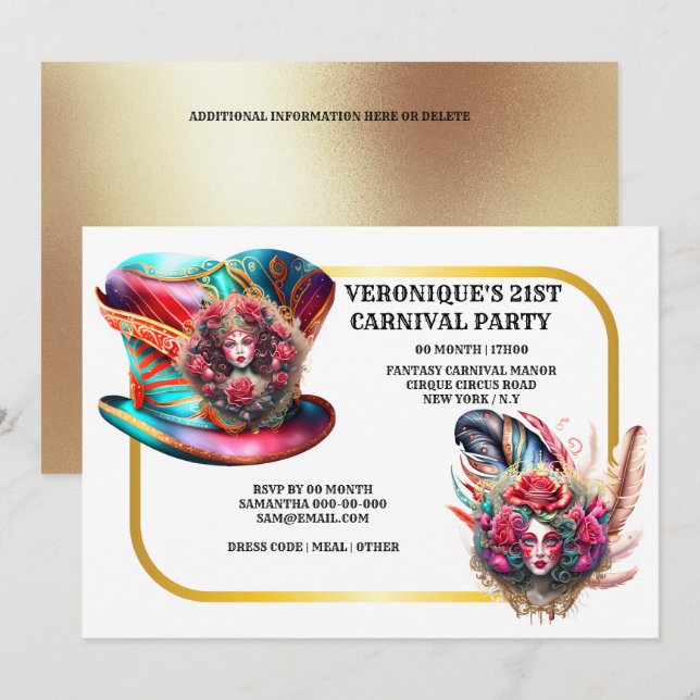 Invitación Fantasías de carnaval señoras rosa plumas de oro c (Anverso / Reverso)