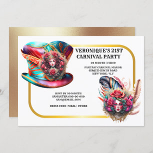Invitación Fantasías de carnaval señoras rosa plumas de oro c