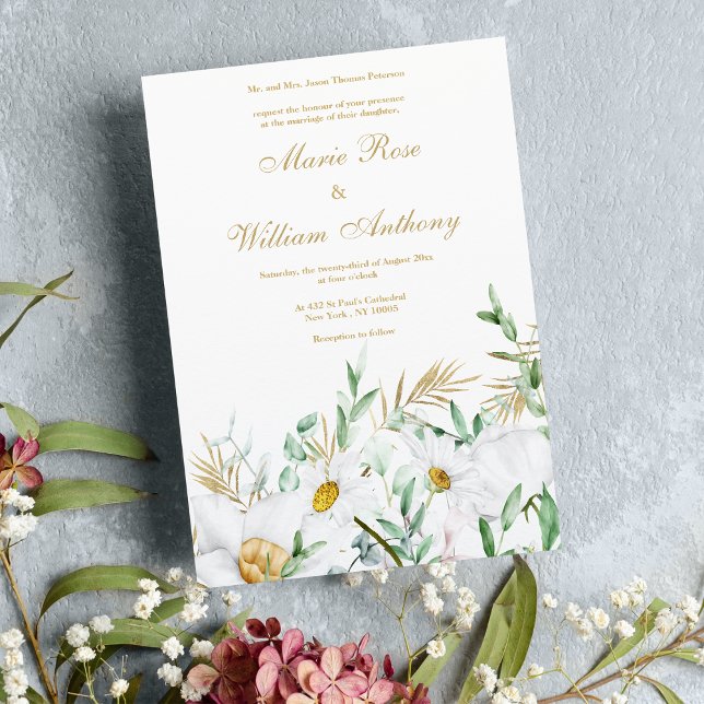 Invitación Fantasías de menta de oro blanco botánico Boda flo (Botanical white gold mint daisies floral Wedding )