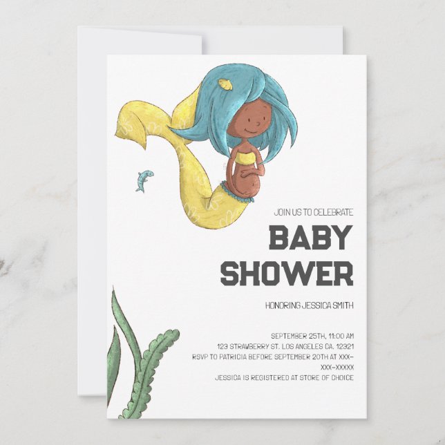 Invitación Fantasiosa Fiesta de Bebé de Sirena Afroamericana (Anverso)