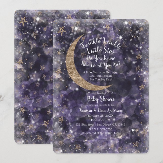 Invitación Fantasioso Baby Shower de Luna Estrellas Doradas y (Anverso / Reverso)