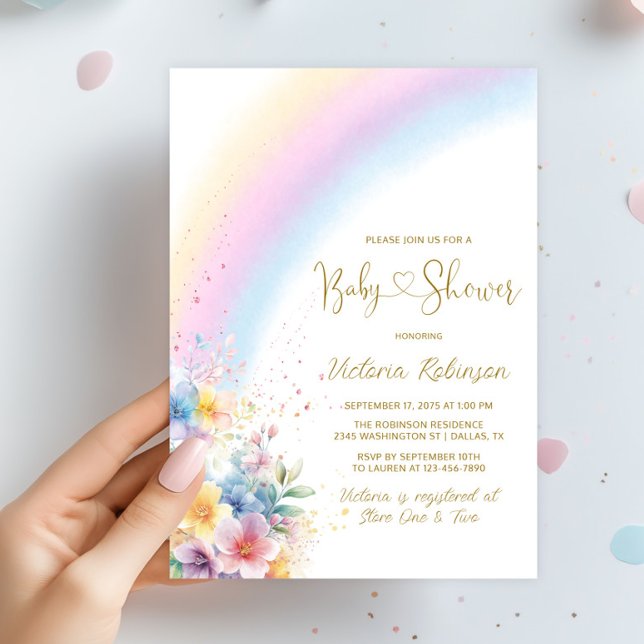 Invitación Fantasioso Baby Shower en Pastel de Arcoíris (Watercolor rainbow and flowers rainbow baby shower invitation. Simply add your event details.)
