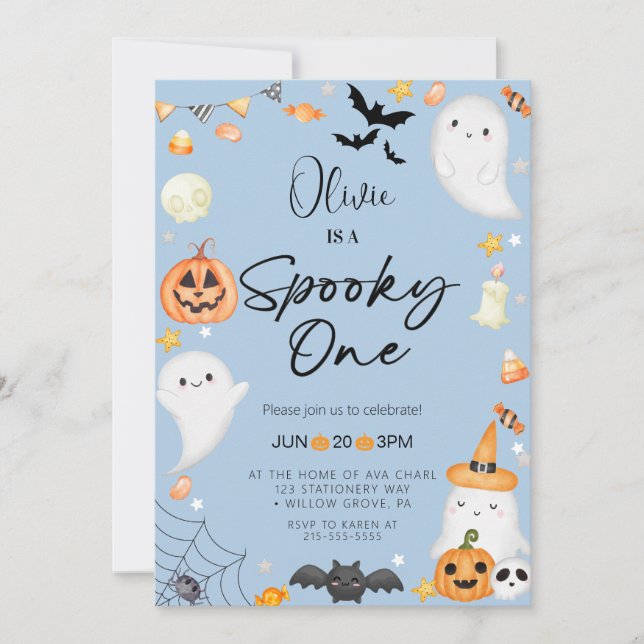 Invitación Fantasma azul de Halloween Primer cumpleaños (Anverso)