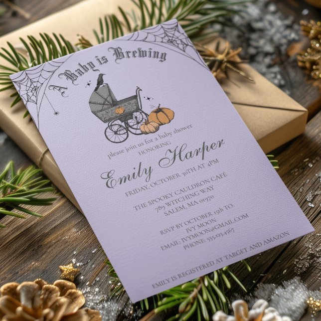 Invitación Fantasma bebé está elaborando Baby Shower gótico (Halloween Baby Shower A Baby Is Brewing Invite. Hand Drawn Victorian Baby Carriage, Pumpkins, Webs.)