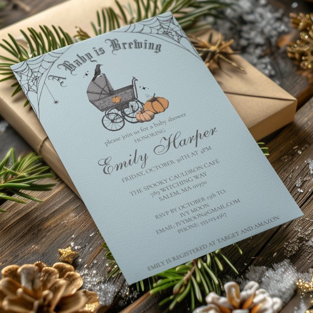 Invitación Fantasma bebé está elaborando Baby Shower gótico (Halloween Baby Shower A Baby Is Brewing Invite. Hand Drawn Victorian Baby Carriage, Pumpkins, Webs.)