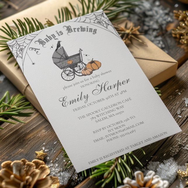 Invitación Fantasma bebé está elaborando Baby Shower gótico (Halloween Baby Shower A Baby Is Brewing Invite. Hand Drawn Victorian Baby Carriage, Pumpkins, Webs.)