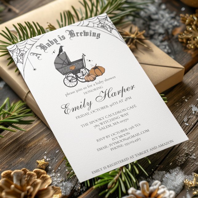 Invitación Fantasma bebé está elaborando Baby Shower gótico (Halloween Baby Shower A Baby Is Brewing Invite. Hand Drawn Victorian Baby Carriage, Pumpkins, Webs.)