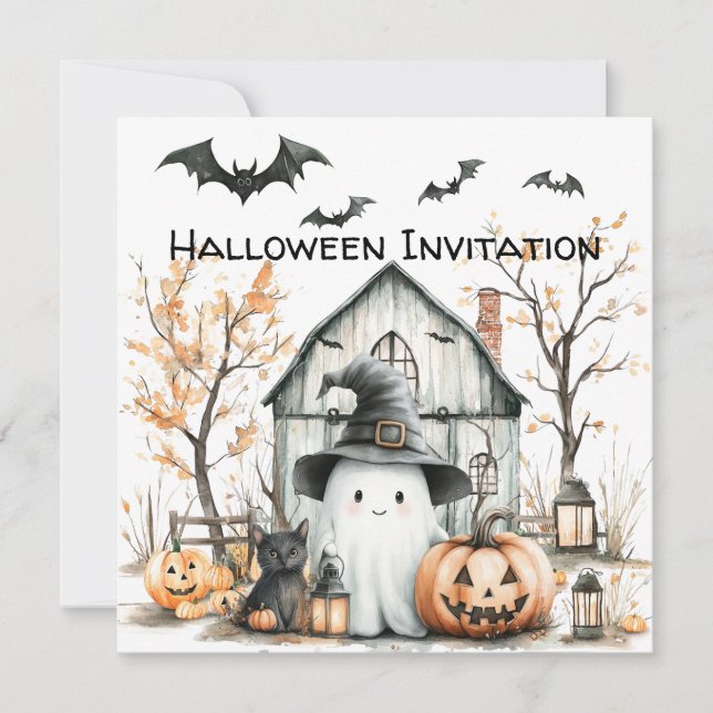 Invitación Fantasma Blanco y Naranja Adorable con Granero de  (Anverso)