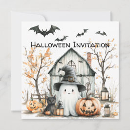 Invitación Fantasma Blanco y Naranja Adorable con Granero de 