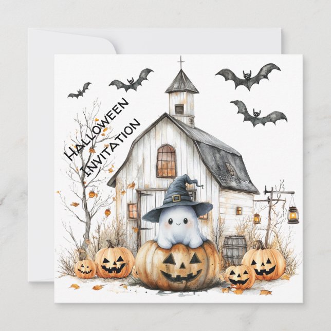 Invitación Fantasma Blanco y Naranja Adorable con Granero de  (Anverso)