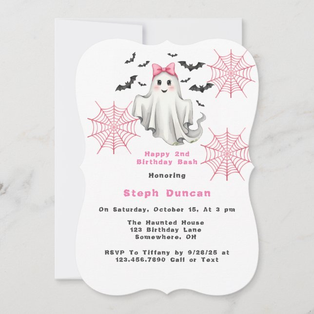 Invitación Fantasma Chica amigable rosa con fiesta de cumplea (Anverso)