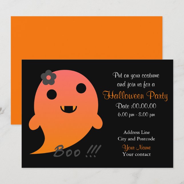 Invitación Fantasma Con Flor Y Palabra "Boo" (Anverso / Reverso)