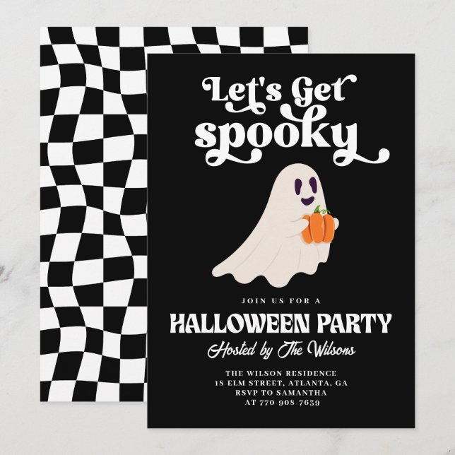 Invitación Fantasma de Black Groovy Hagamos Halloween con mie (Anverso / Reverso)
