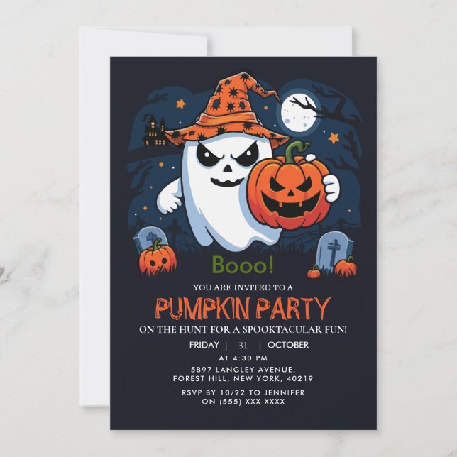 Invitación Fantasma de calabaza de Halloween (Anverso)