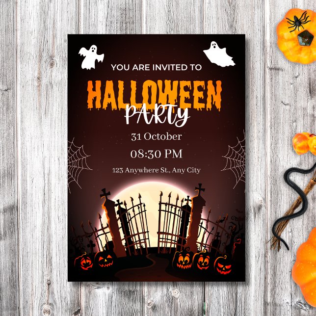 Invitación Fantasma de cementerio y fiesta de Halloween de la (Spooky Graveyard Ghosts & Pumpkins Halloween Party Invitation
)