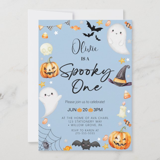 Invitación Fantasma de Halloween azul lindo primer cumpleaños (Anverso)