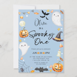 Invitación Fantasma de Halloween azul lindo primer cumpleaños