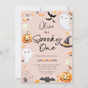 Invitación Fantasma de Halloween rosa lindo Primer cumpleaños