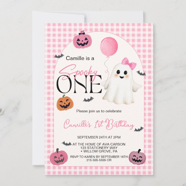 Invitación Fantasma de Halloween rosa lindo primer cumpleaños (Anverso)