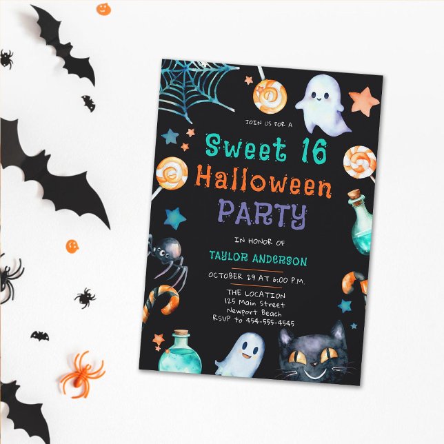 Invitación Fantasma de marco de caramelo de Halloween Gato du (sweet 16 halloween invitation for girls candy frame ghosts black cat fun cute sweet elegant party)