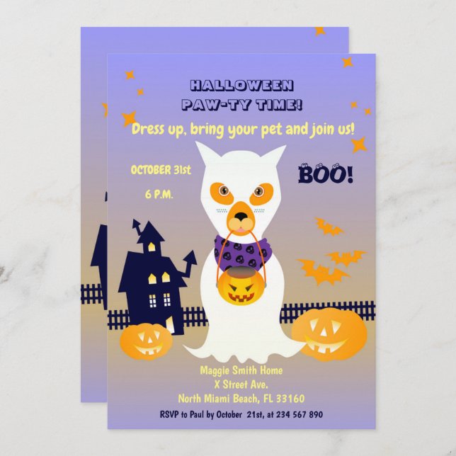Invitación Fantasma de perro disfrazado fiesta de Halloween (Anverso / Reverso)