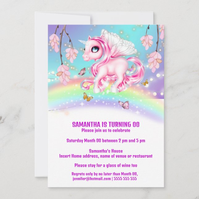 Invitación Fantasma de unicornio arcoiris mágico chica cumple (Anverso)