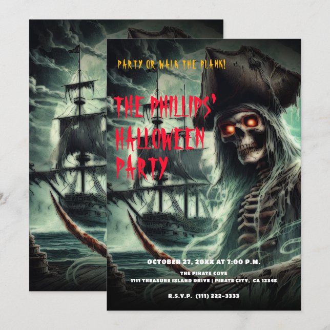 Invitación Fantasma del Barco Pirata Disfraz para Fiesta de H (Anverso / Reverso)