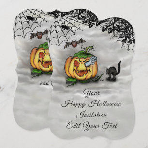 Invitación Fantasma, Gato, Bat y Calabaza, ¡Feliz Halloween!