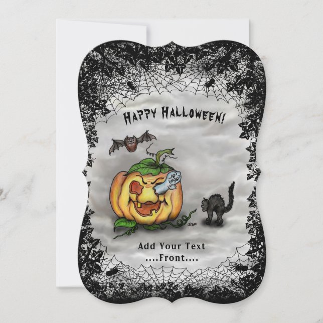 Invitación Fantasma, Gato, Bat y Calabaza, ¡Feliz Halloween! (Anverso)