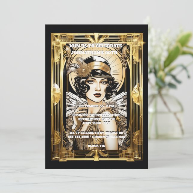 Invitación Fantasma Gatsby chica pelo oscuro evento de oro ne (Anverso de pie)