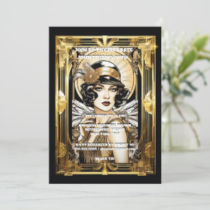 Invitación Fantasma Gatsby chica pelo oscuro evento de oro ne