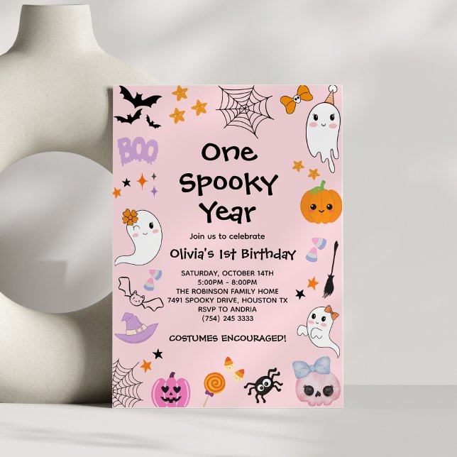 Invitación Fantasma Halloween de primer cumpleaños de un año  (Pink One Spooky Year Ghost Halloween 1st Birthday Invitation )