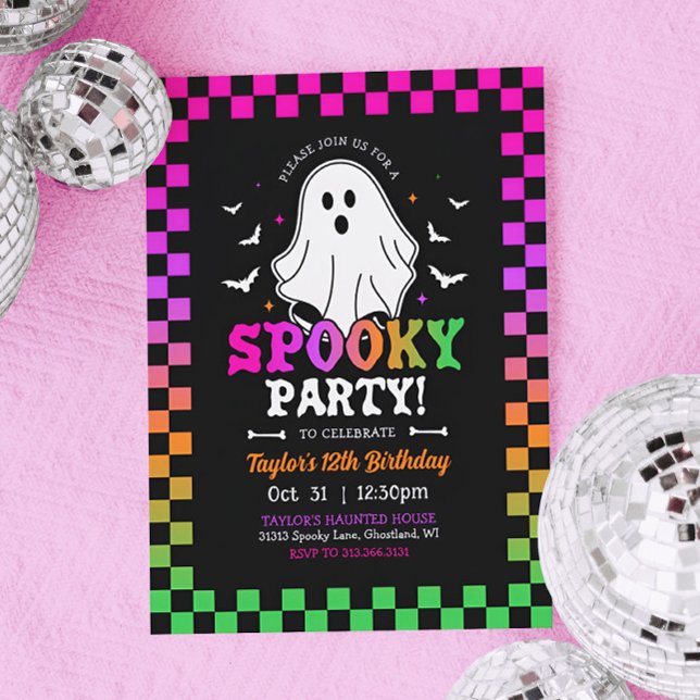 Invitación Fantasma Halloween Fantasma Retro (Retro Neon Halloween Birthday Invitation)