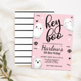 Invitación Fantasma Hey Boo Pastel Halloween Rosado Cumpleaño