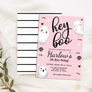 Invitación Fantasma Hey Boo Pastel Halloween Rosado Cumpleaño