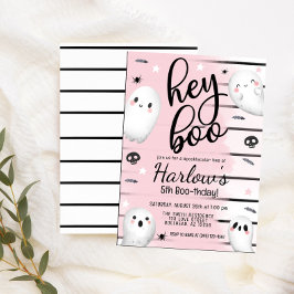 Invitación Fantasma Hey Boo Pastel Halloween Rosado Cumpleaño