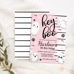 Invitación Fantasma Hey Boo Pastel Halloween Rosado Cumpleaño