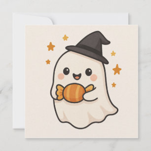 Invitación Fantasma Kawaii con dulce de Halloween