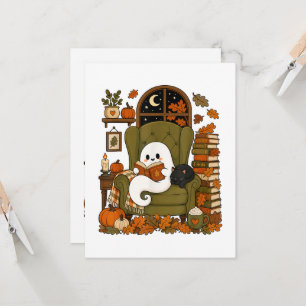 Invitación Fantasma Lindo Leyendo Libro Gato Negro Otoño Cala